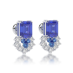 Boucles d'oreilles de luxe pour femmes en or massif 18 carats avec saphirs et diamants ronds taille brillant, design géométrique, bijoux de mariage - Product Image 1
