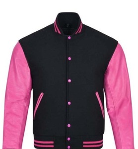 Chaqueta Varsity Negra y Rosa para Hombre, Tela de PU, Cierre de un Solo Botón, Cuello Alto, Corte Regular, Ropa Casual de Otoño, Servicio OEM - Product Image 1
