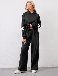 Conjuntos de Sudadera de 2 Piezas de Alta Calidad para Mujer, Sudaderas con Estampado de Lazo, Sudadera con Capucha Gráfica Oversize y Pantalones Deportivos de Pierna Ancha, Atuendos de Otoño - Product Image 2