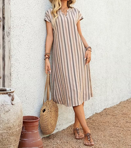 Striped Linen Cotton Midi Dress O-Neck Short Sleeve Loose Fit Casual Summer Dress Breathable Woven Fabric - Product Image 2