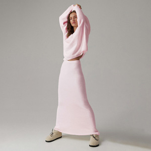 Women <b>White</b> Wool Tracksuit Set Full Sleeve Crew Neck Minimalist Winter Wear Solid Color Long <b>Skirt</b> Seamless Fit - Product Image 5