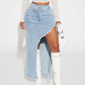Jupe en jean asymétrique pour femme, fabrication OEM, vente en gros directe d'usine, fournisseur de logo personnalisé, respirante, imperméable, séchage rapide, 100% coton - Product Image 1