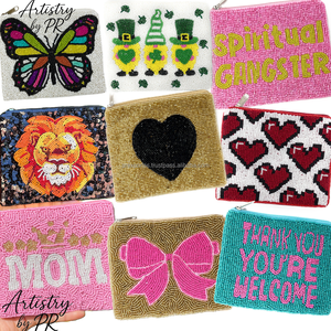 Monedero mini de tela de algodón con cuentas bordadas personalizadas, correa de cadena, cremallera, hecho a mano, con patrón, venta al por mayor - Product Image 4