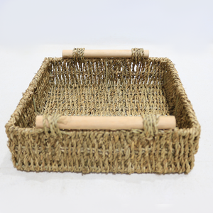 Handmade Seagrass Serving Tray <b>Rectangular</b> Storage <b>Basket</b> with Wooden Handles - Product Image 5