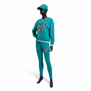 Conjunto cómodo de camiseta de manga larga de algodón polar de 220 GSM y leggings elásticos de spandex en verde azulado con logo personalizado serigrafiado. - Product Image 5