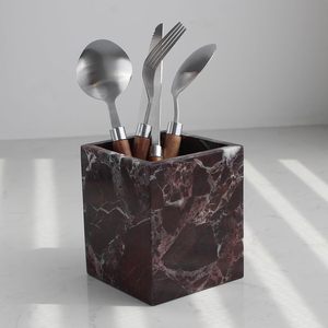 Natural Rosso Levanto Marble <b>Square</b> Storage Container for Toothbrush/Makeup Brush/Pens, Countertop Organizer Bathroom - Product Image 2