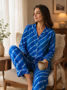 Customized Women Stylish Blue Floral Pajama <b>Set</b> Cotton Long Sleeve Sleepwear <b>Set</b> Comfortable Elastic Waist V-neck Nightwear - Product Image 4
