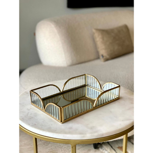 Bandeja de servir de lujo con espejo de metal dorado y bordes festoneados para decoración del hogar, bandeja decorativa para el hogar. - Product Image 1