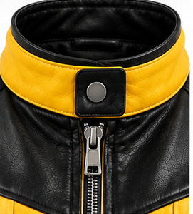 <b>Men's</b> <b>Leather</b> Moto <b>Vest</b> Stand Collar Zipper Closure Color Blocked Black Yellow Outer Wear - Product Image 2