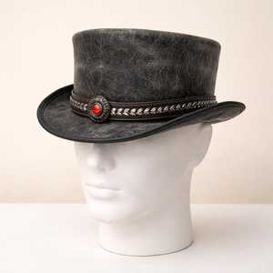 Premium Quality Custom Handmade Unisex Distressed Leather <b>Top</b> Hat With Chain Band And Red Stone Accent - Product Image 1