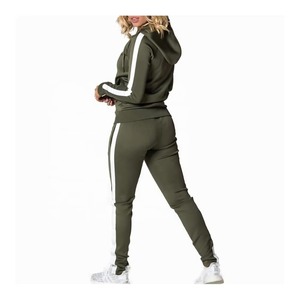 Women Olive Green Full Zip Hoodie Tracksuit Two Piece <b>Set</b> White Side Stripe Slim Fit Skinny Jogger Pants Athletic Sport Suit - Product Image 4