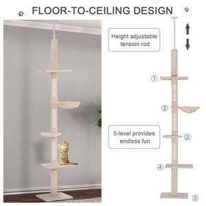 Albero per Gatti Verticale Beige da 2,6 m, Altezza Regolabile da Pavimento a Soffitto, 5 Piattaforme Tappetinate, 3 Aree di Tiraggio in Corda di Sisal, per Arrampicata Gatti - Product Image 5