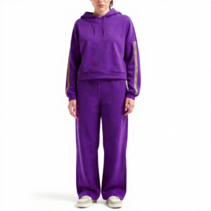 Conjunto Deportivo de Pantalón Ancho y Sudadera Corta para Mujer, con Franja Lateral Metálica y Logotipo Personalizado / Conjunto de 2 Piezas para Descansar - Product Image 1