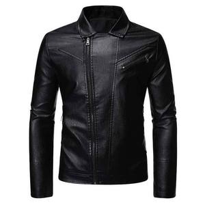 Men's Black PU <b>Leather</b> Moto Biker Jacket Stand Collar Zip Up Slim Fit Regular Length Autumn Outerwear - Product Image 1