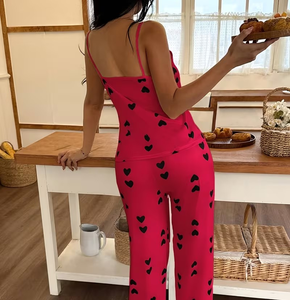 Women Heart Print Spaghetti Strap 2-Piece Pajama Set Soft Knitted Sleepwear Elastic Waist Full Length Casual Summer Loungewear - Product Image 2