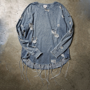 เสื้อยืดเดนิมคอตตอนทรงดิสเทรส แขนยาว คอกลม กันลม สำหรับผู้ชาย - Product Image 5
