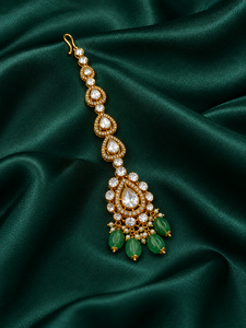 Verosi Maharani Style, Maang Tikka de Plata de Ley 925 con Moissanita Polki, Piedra de Color Esmeralda, Baño de Oro Puyai, Joyería Nupcial Tradicional - Product Image 2