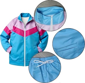 Ensemble de survêtement pour filles avec blocs de couleur, veste à fermeture éclair à manches longues, pantalon avec poches latérales, style sportif, polyester, vêtements de printemps - Product Image 3