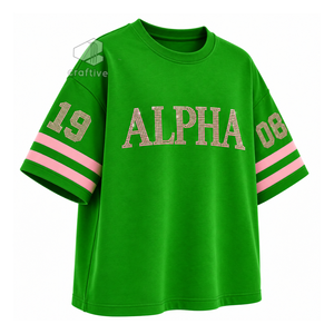 Alfa |   Kapa |   Camiseta Alpha para Mujer con Pedrería Brillante, Letras Griegas Verdes y Rosas, Cuello Redondo, Manga a Rayas y Diseño Gráfico - Product Image 2