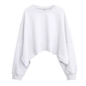 Women's Oversized Drop-Shoulder Crew Neck Sweatshirt <b>Asymmetric</b> <b>Hem</b> Solid White Full Sleeve Knitted Cotton Autumn Wear - Product Image 1