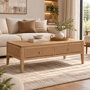 Table basse en bois de chêne de style nordique avec 2 tiroirs, couleur naturelle, mobilier de maison, service de personnalisation OEM - Product Image 5