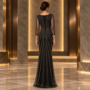 Schwarzes und goldenes Meerjungfrauen-Abendkleid mit metallischer Sternenstickerei |   Bodenlange formelle Partykleider mit Dreiviertelärmeln - Product Image 3