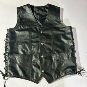 Men's Genuine Leather Vintage Windproof Cotton Filled V-neck Biker <b>Vest</b> OEM ODM Wholesale Lace Side Motorcycle Riding Outer Wear - Product Image 1