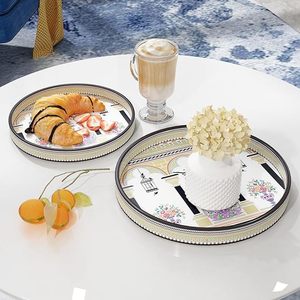 Plateau de service décoratif rond en bois laqué, imprimé paon, design contemporain, pour les fêtes - Product Image 2