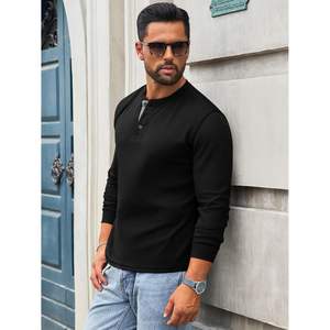 2025 chemises à manches longues Henley légères et décontractées pour hommes hauts basiques avec bouton gaufré - Product Image 1