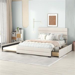 Letto matrimoniale imbottito beige con piattaforma, letto estraibile singolo, due cassetti, morbido e confortevole, design semplice con contenitore - Product Image 2