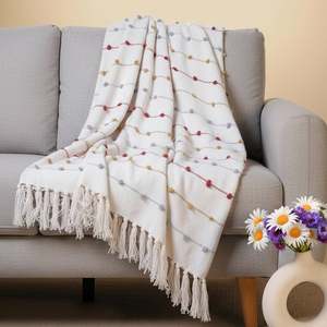 Plaid décoratif à franges en coton tissé 100% – Plaid à pompons style bohème et farmhouse pour canapé - Product Image 1