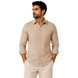 Chemise à manches longues pour homme en coton à petits carreaux beige marron, décontractée, boutonnée, personnalisable, vente en gros, vêtements de mode - Product Image 1