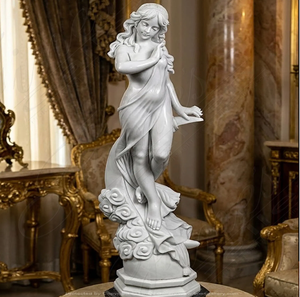 Statue de jardin classique en marbre blanc représentant une femme tenant une magnifique guirlande de fleurs, disponible à prix de gros. - Product Image 4