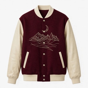 Chaqueta Universitaria Color Granate con Mangas de Cuero Blanco, Diseño Personalizado de Montaña y Luna Bordados, Unisex, Casual, con Botones a Presión - Product Image 1