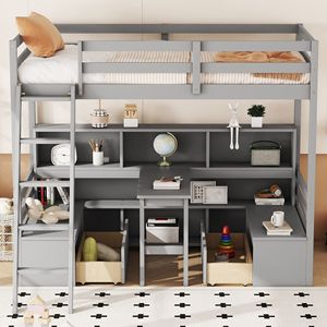 Letto a soppalco grigio per bambini con ripiani contenitore, cassetti, seduta e scrivania - Product Image 2