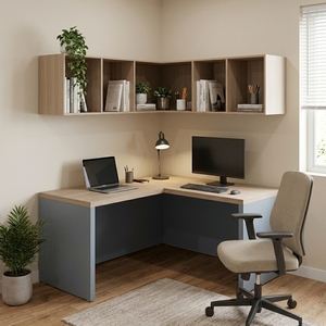 Bureau de direction moderne en forme de L avec armoire d'angle murale, étagères de rangement ouvertes, bicolore gris et chêne naturel, poste de travail - Product Image 6