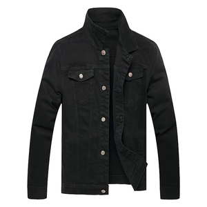 2026 Men's Black <b>Denim</b> <b>Jacket</b> Regular Fit Button Fly Solid Color Casual Autumn Topstitch Woven Fabric - Product Image 1