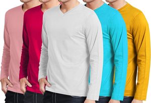 Camiseta de hombre con cuello en V, de algodón de alta calidad, transpirable, lisa, de manga larga, informal, de verano, de color sólido. - Product Image 3