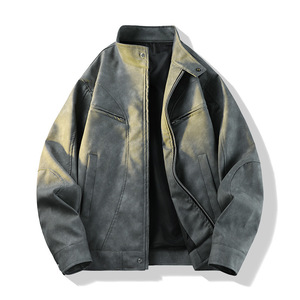 Chaqueta de Cuero PU con Tinte Degradado para Hombre, Manga Larga, Resistente al Viento, Estilo Otoñal, para Motocicleta - Product Image 1