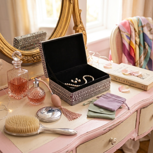 Boîte à bijoux antique rectangulaire Glam Square avec couvercles à motifs en strass pour le rangement des bijoux - Product Image 3