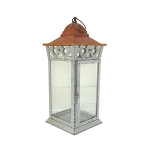 Lanterne à bougie hexagonale suspendue en métal galvanisé rouge, avec anneau de ventilation de toit pagode, poignée et panneaux de verre transparents, pour garniture de fenêtre en arche - Product Image 1