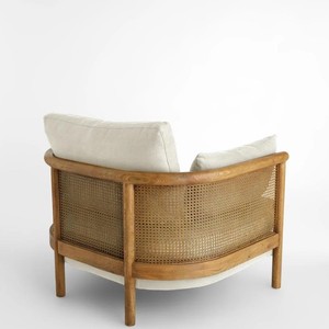 Scandinavian Wooden Armchair With <b>Cane</b> Back And Cream Upholstery Modern Leisure <b>Chair</b> For Living Room - Product Image 4