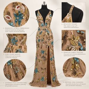 Taupe Floral Embroidered Evening <b>Dress</b> | Spaghetti Strap Deep V-Neck Floor Length Formal Gown with Front Slit for Wedding Events - Product Image 5