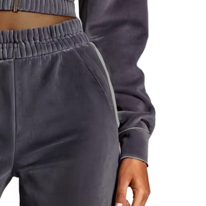 Women's Slim Fit Distress Embroidery Patch ACID WASH Flare Sweat Suit Breathable Knitted Two <b>Pullers</b> Wholesale for Winter - Product Image 5