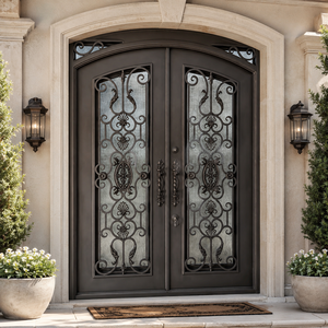 Porte d'entrée double en fer forgé gris de luxe avec cadre en arc à motifs gravés et verre dépoli pour entrée de villa - Product Image 3