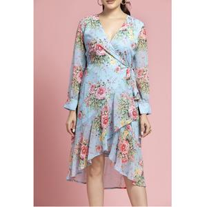 Vestido Midi Cruzado de Georgette Azul Cielo Estilo Vintage para Mujer, Manga Corta, Holgado y Cómodo, Precio al por Mayor - Product Image 4