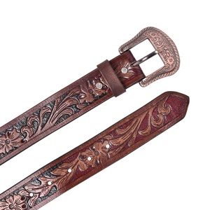 Custom Design Brown Full Grain Unisex Western <b>Leather</b> <b>Tooling</b> Belt with Floral hand carving and Designer Brass Buckle Set - Product Image 6