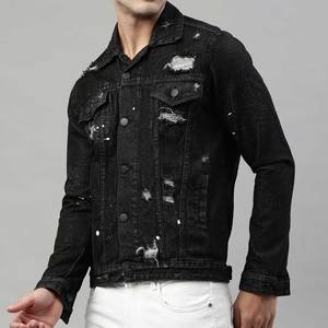 Chaqueta de mezclilla negra para hombre, corte ajustado, cuello vuelto, desgastada, casual, para otoño/invierno, manga regular, abotonadura sencilla - Product Image 4