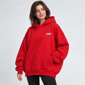 Women's Oversized <b>Red</b> <b>Hoodie</b> With Front Logo Print Drop-Shoulder Fleece Sweatshirt Long Length Autumn Wear - Product Image 3