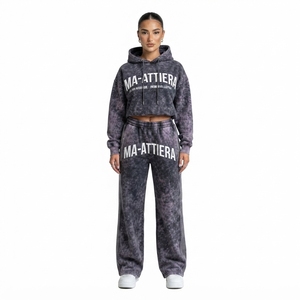 Conjunto de Sudadera Corta y Pantalones Jogger de Pierna Ancha para Mujer, Estilo Acid Wash Gris Oscuro, de Algodón y Felpa, Ropa Deportiva Urbana, Venta al Por Mayor OEM - Product Image 1
